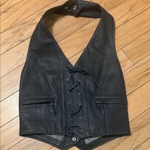 Black Leather Halter Crop Vest with Lace-Up Front